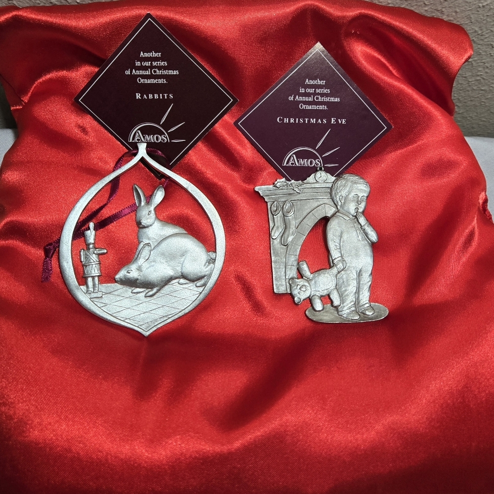 AMO Pewter Holiday Ornament Duo. 1983 Christmas Eve And 1990 Rabbits.